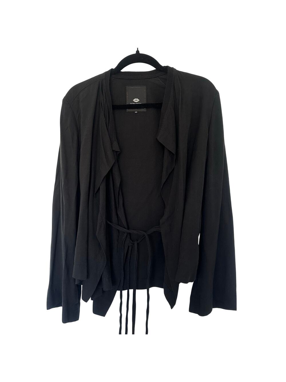 Tom Rebl (IT 40 / US 4)  Black Boho Chic Draped Waterfall Tie-Front Jacket
